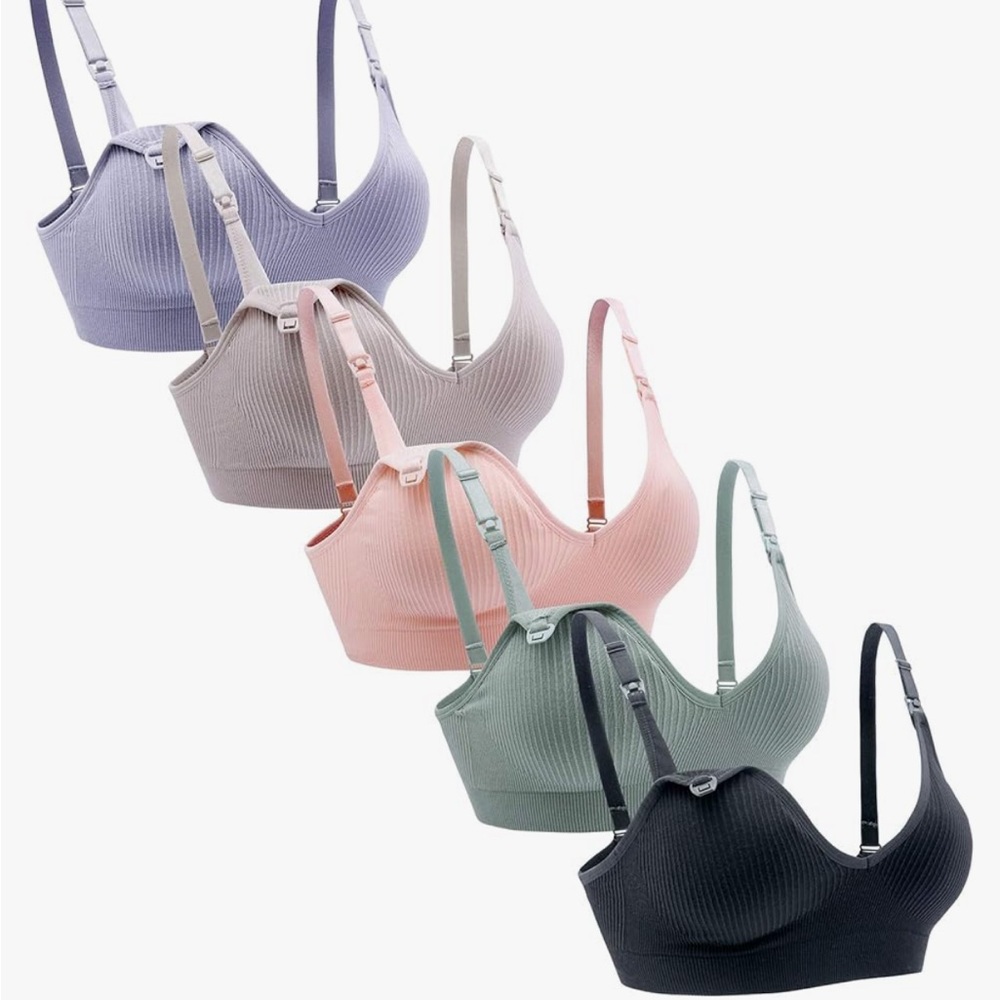 Suekaphin 5pc Multicolor, Ribbed, Adjustable Nursing Bra Set with Removable Pads